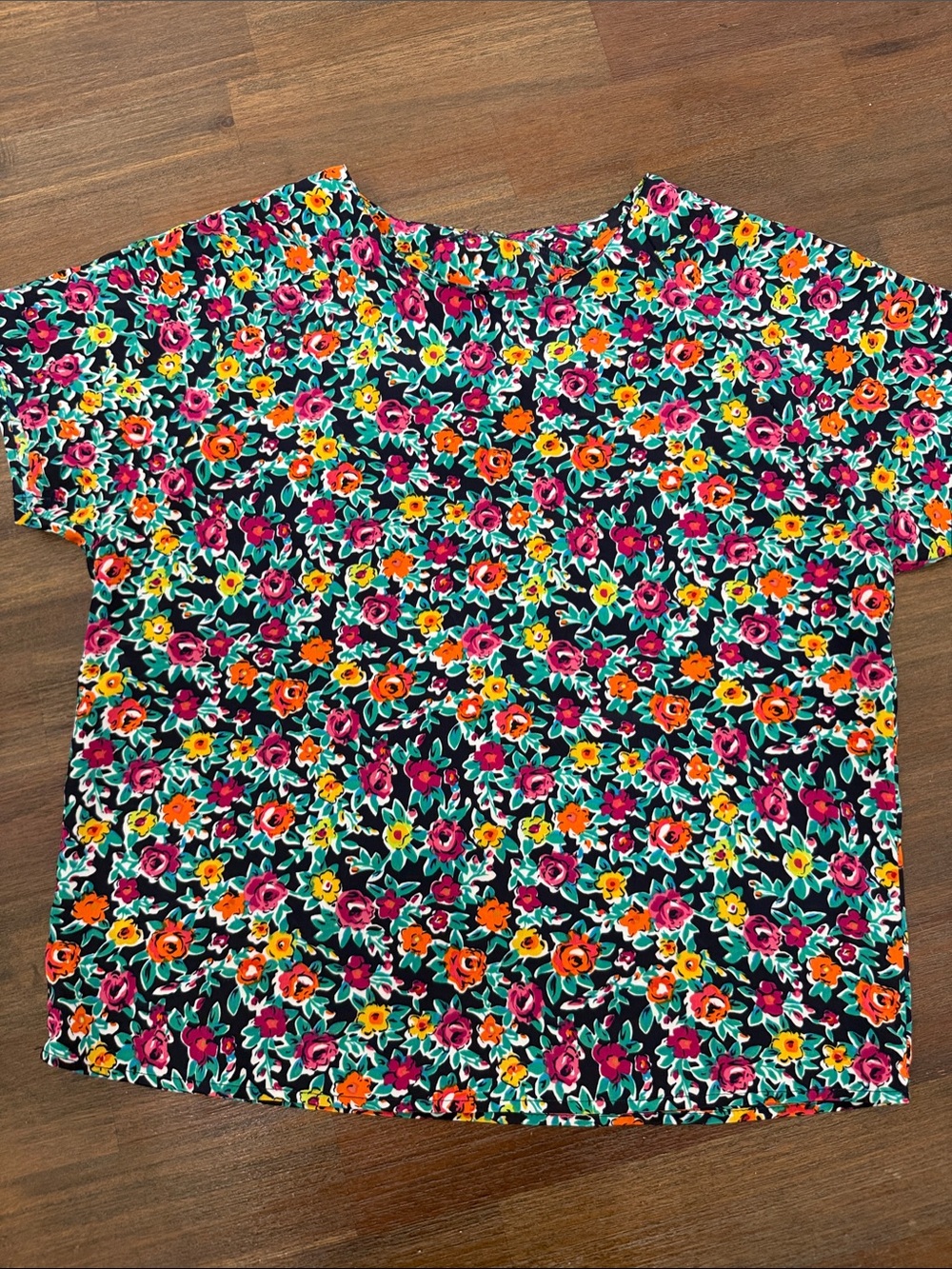 Women's Short-Sleeve Floral Tee in Black with Multi-Color Blooms